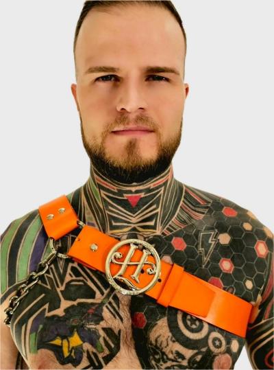 Orange Leather Shoulder Harness with Signature Medallion