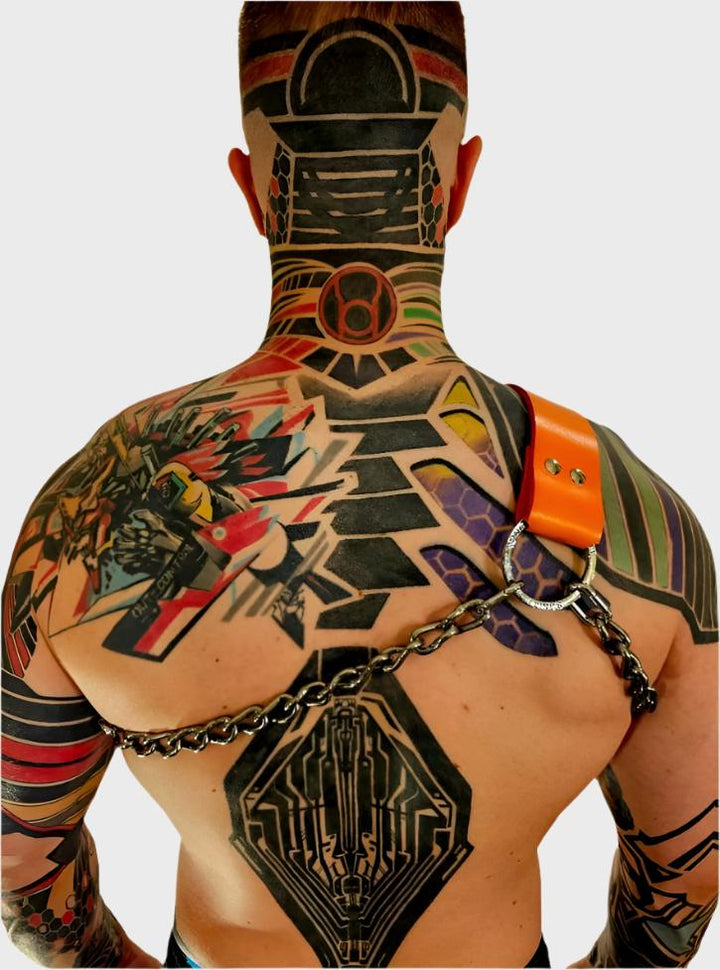 Orange Leather Shoulder Harness with Signature Medallion