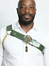 Military Green Leather Shoulder Harness with Signature Medallion