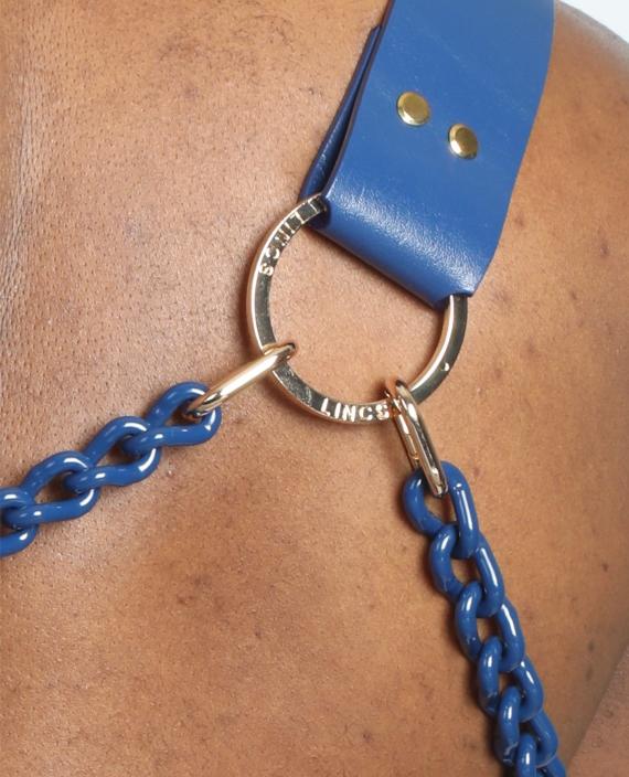 Blue Leather Shoulder Harness with Signature Medallion