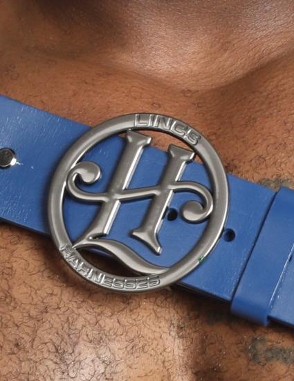 Blue Leather Shoulder Harness with Signature Medallion