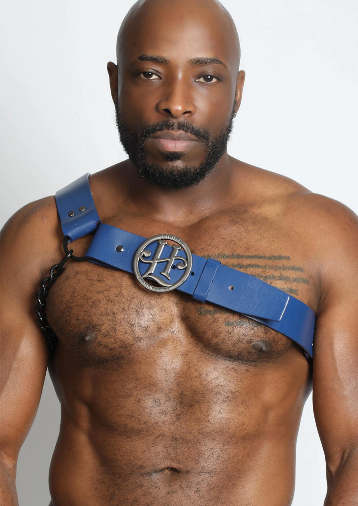 Blue Leather Shoulder Harness with Signature Medallion