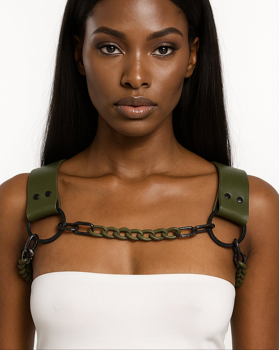 Military Green Leather Dogwood with Black Chain