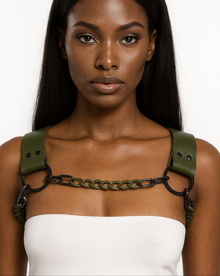 Military Green Leather Dogwood with Black Chain