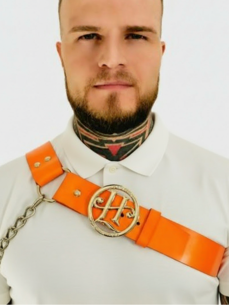 Orange Leather Shoulder Harness with Signature Medallion